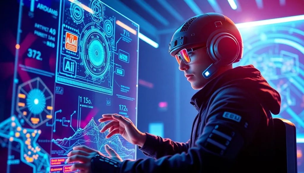 Engaging scene illustrating the concept of game ai with a futuristic character and holographic AI interfaces.