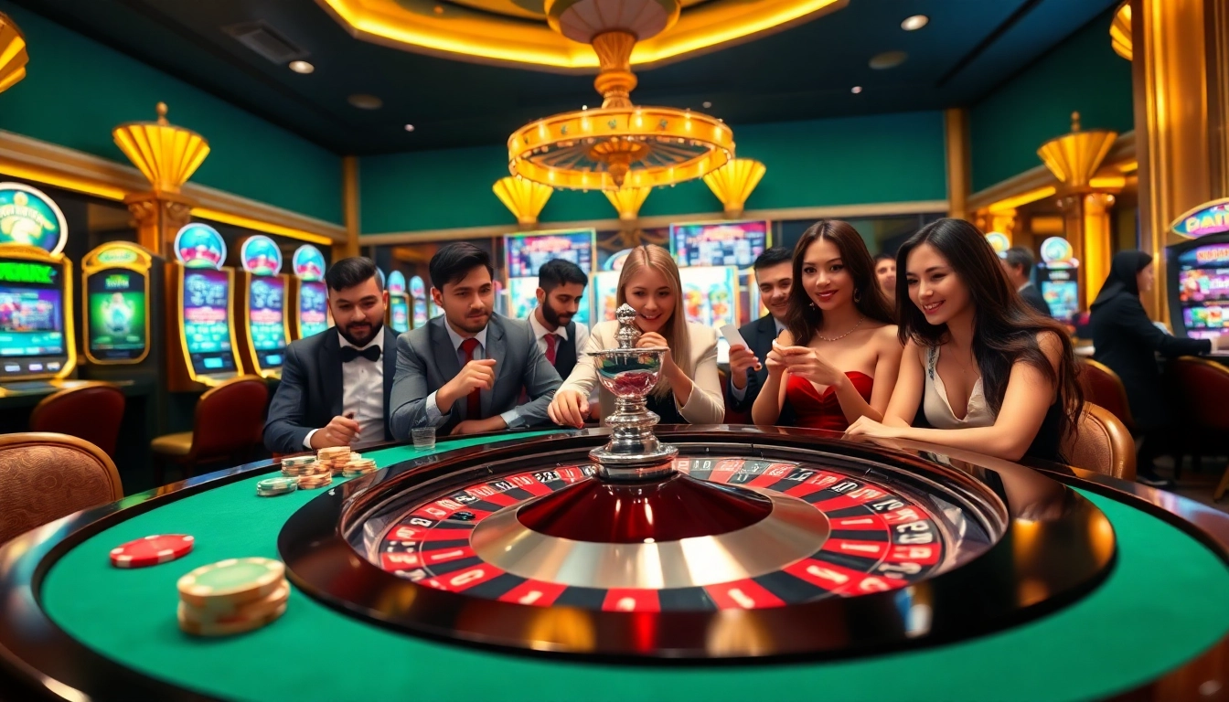 High-stakes gameplay at a vibrant casino showcasing loto188.gb.net with poker chips and roulette.