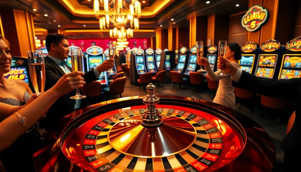 Luckywin players celebrating their wins at a vibrant casino table with roulette and chips.
