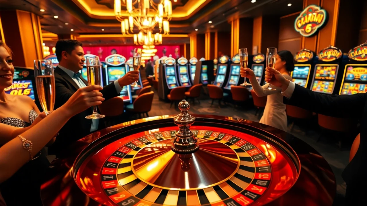 Luckywin players celebrating their wins at a vibrant casino table with roulette and chips.