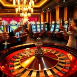Luckywin players celebrating their wins at a vibrant casino table with roulette and chips.