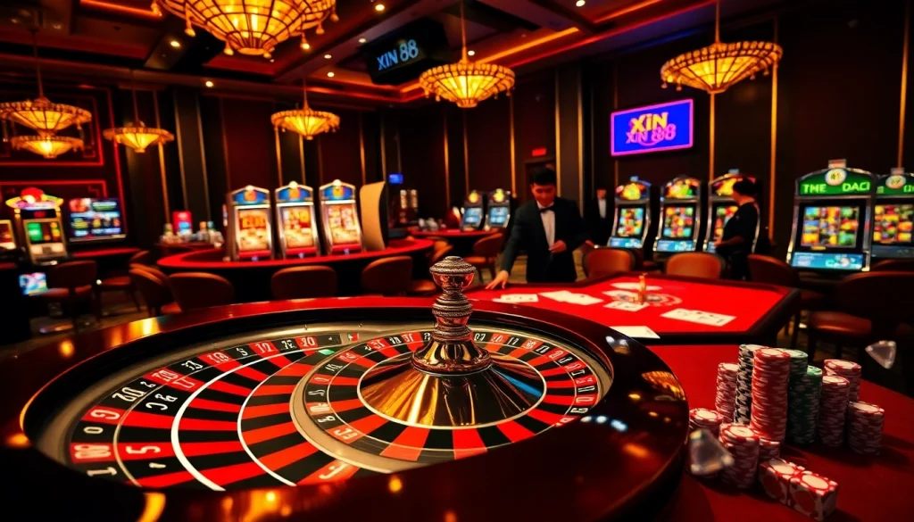Engaging players at the xin 88 casino table with vibrant roulette and colorful chips.