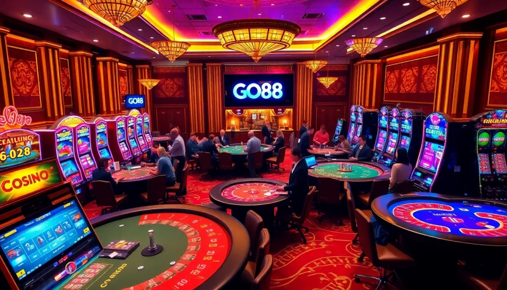 Gamblers enjoying blackjack at GO88 casino with vibrant atmospheres and luxury settings.