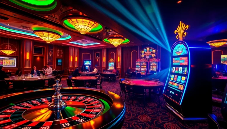 Luck8 players enjoying a thrilling casino ambiance with roulette and slot machines.