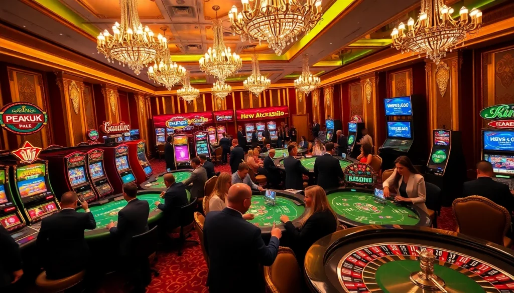 Betting excitement in a luxurious casino with https://kwin.bio/ links and vibrant gaming tables.