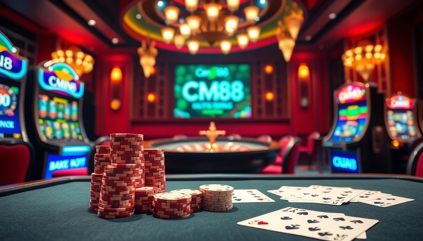 Experience thrilling gameplay at CM88, featuring vibrant tables and exciting slot machines.