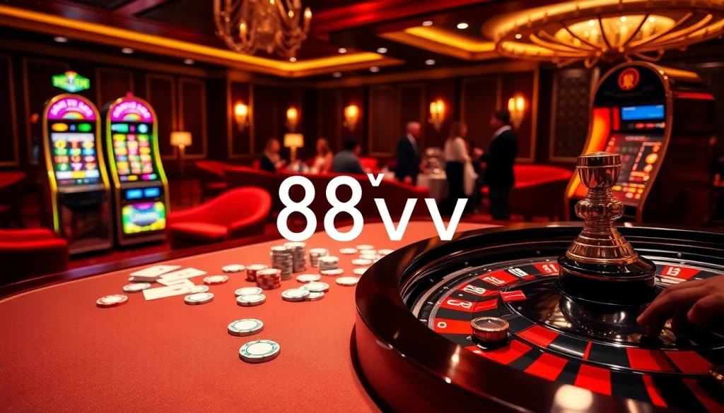 A vibrant casino table scene featuring 88vv poker chips and cards, enhancing excitement and professionalism.