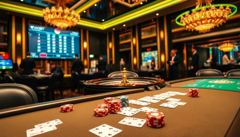 Experience luxurious gaming at Vaobet with a vibrant poker table filled with chips and cards.