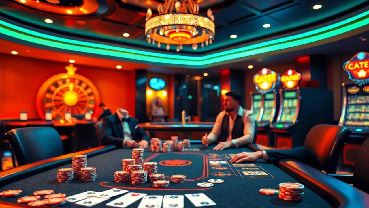 Players enjoying a high-stakes poker game at a luxurious TPJ-themed casino table.