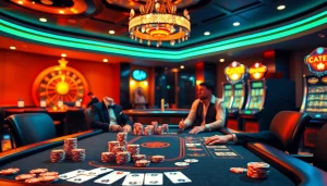 Players enjoying a high-stakes poker game at a luxurious TPJ-themed casino table.