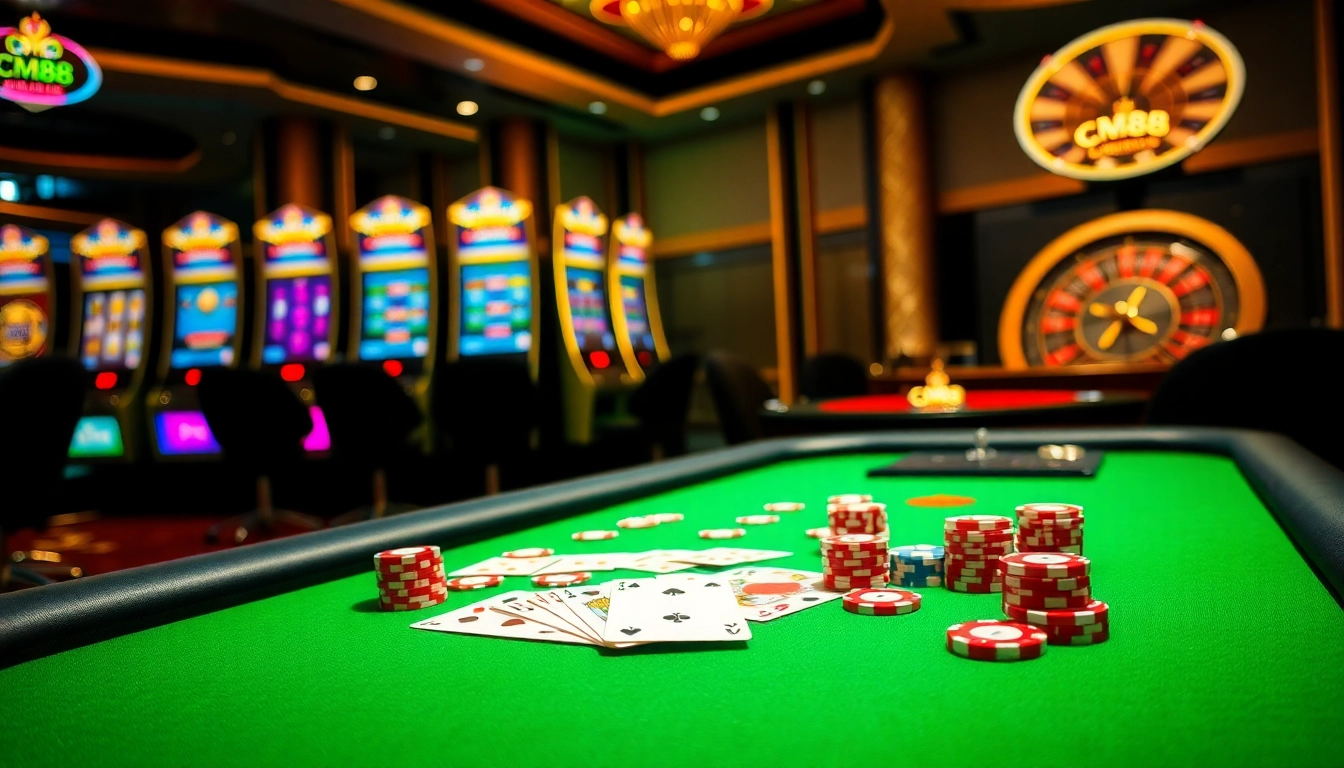 Experience high-stakes gaming with CM88 at a luxurious casino table surrounded by vibrant slot machines.