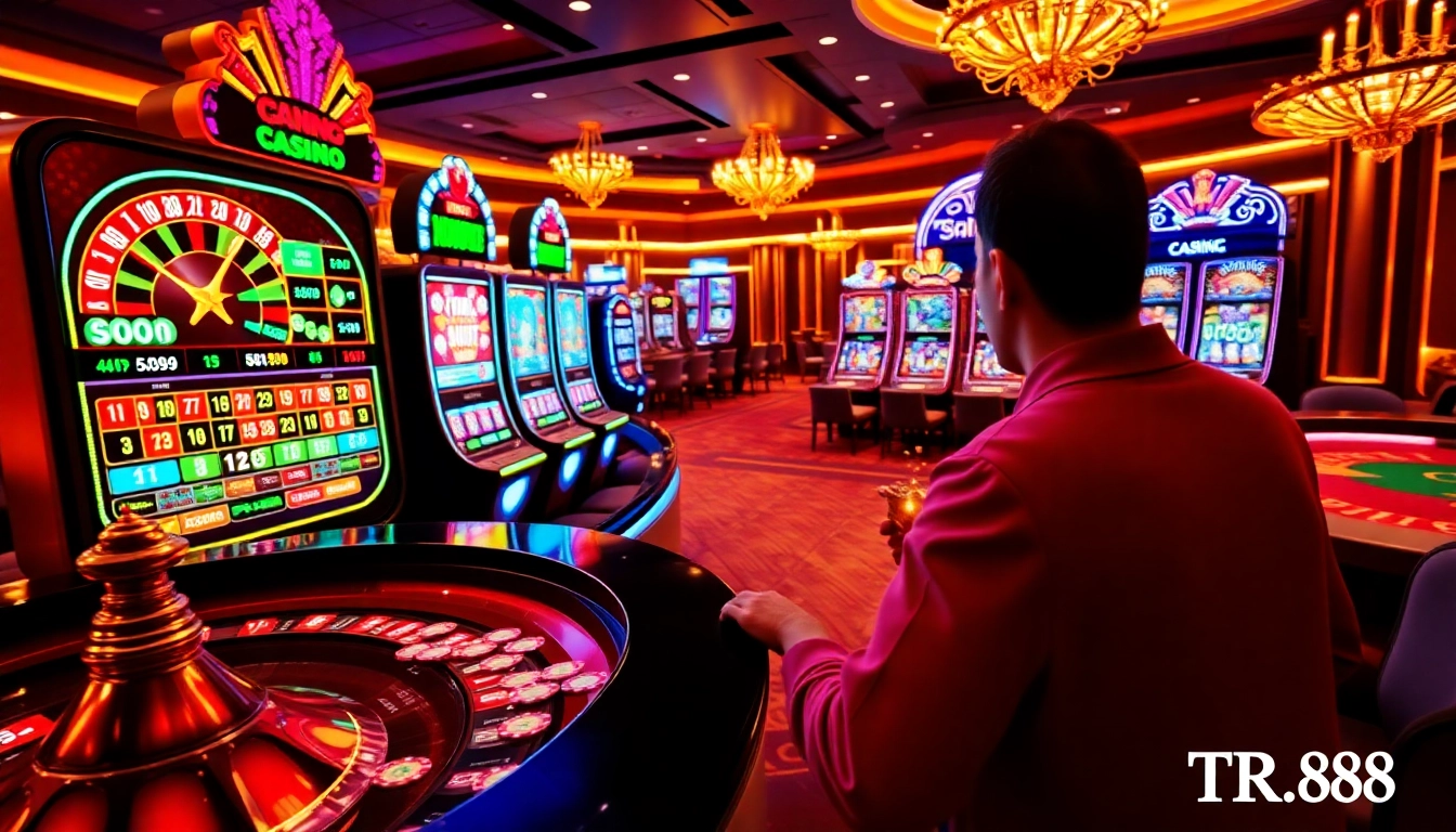 A player enjoying an online gaming session at TR88, surrounded by vibrant casino elements.