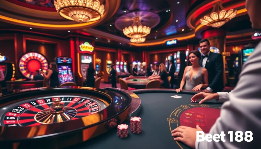 Engaging bet168 casino scene with roulette, slot machines, and elegant players.