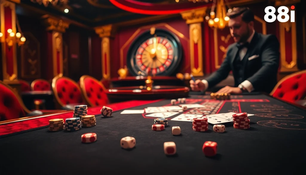 Experience the thrill of 88i with poker chips and cards in an upscale casino setting.