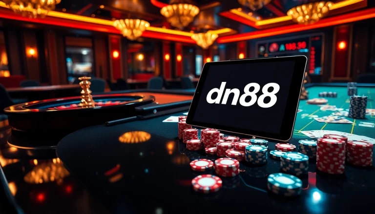 Experience thrilling gameplay at dn88.com with a dynamic casino scene featuring roulette and poker chips.