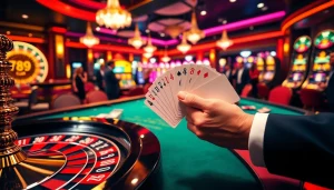 Gambler enjoying a lively game at 789 club’s casino table, surrounded by vibrant slot machines and poker chips.