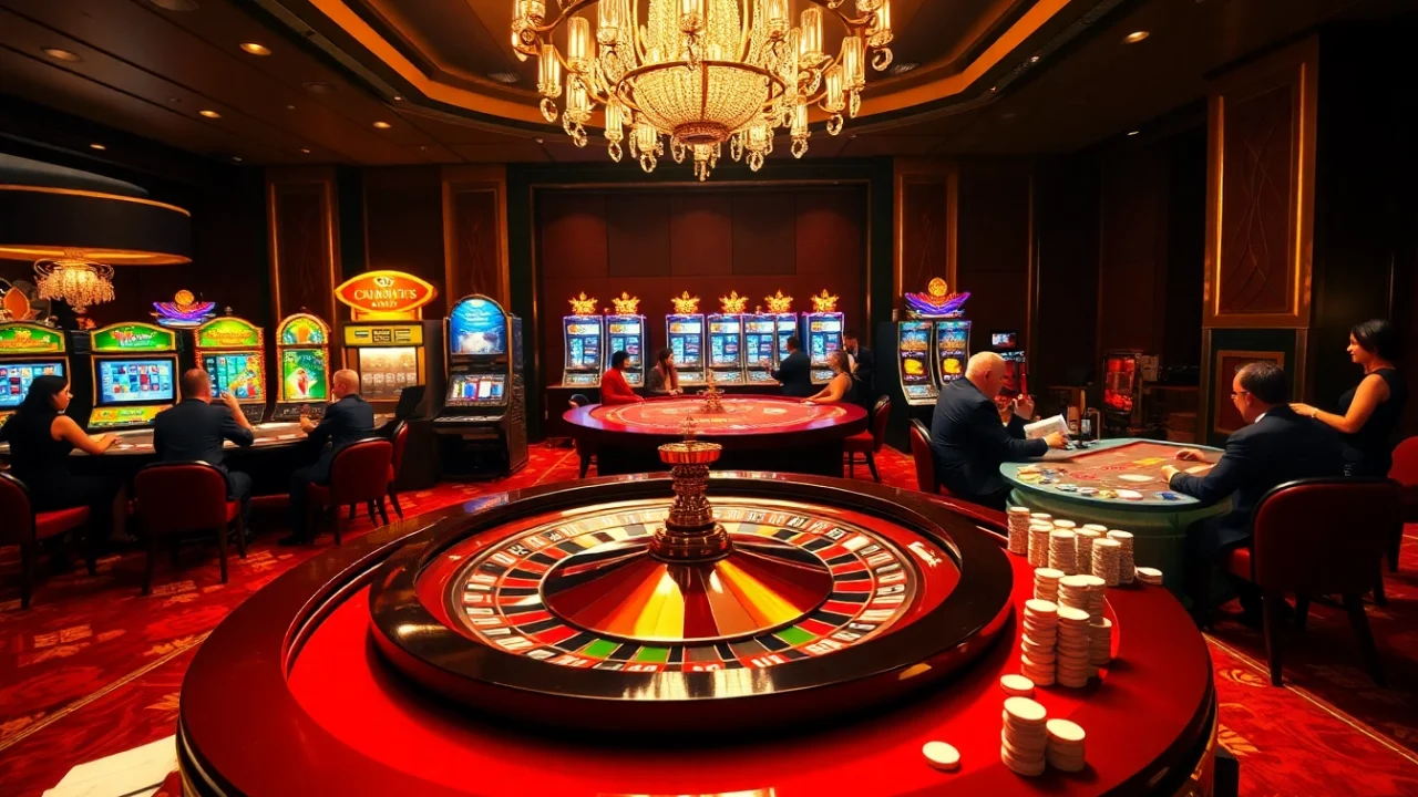Players enjoying a lively casino atmosphere at https://em777.live/ with roulette, poker, and slot games.