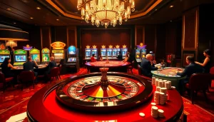 Players enjoying a lively casino atmosphere at https://em777.live/ with roulette, poker, and slot games.