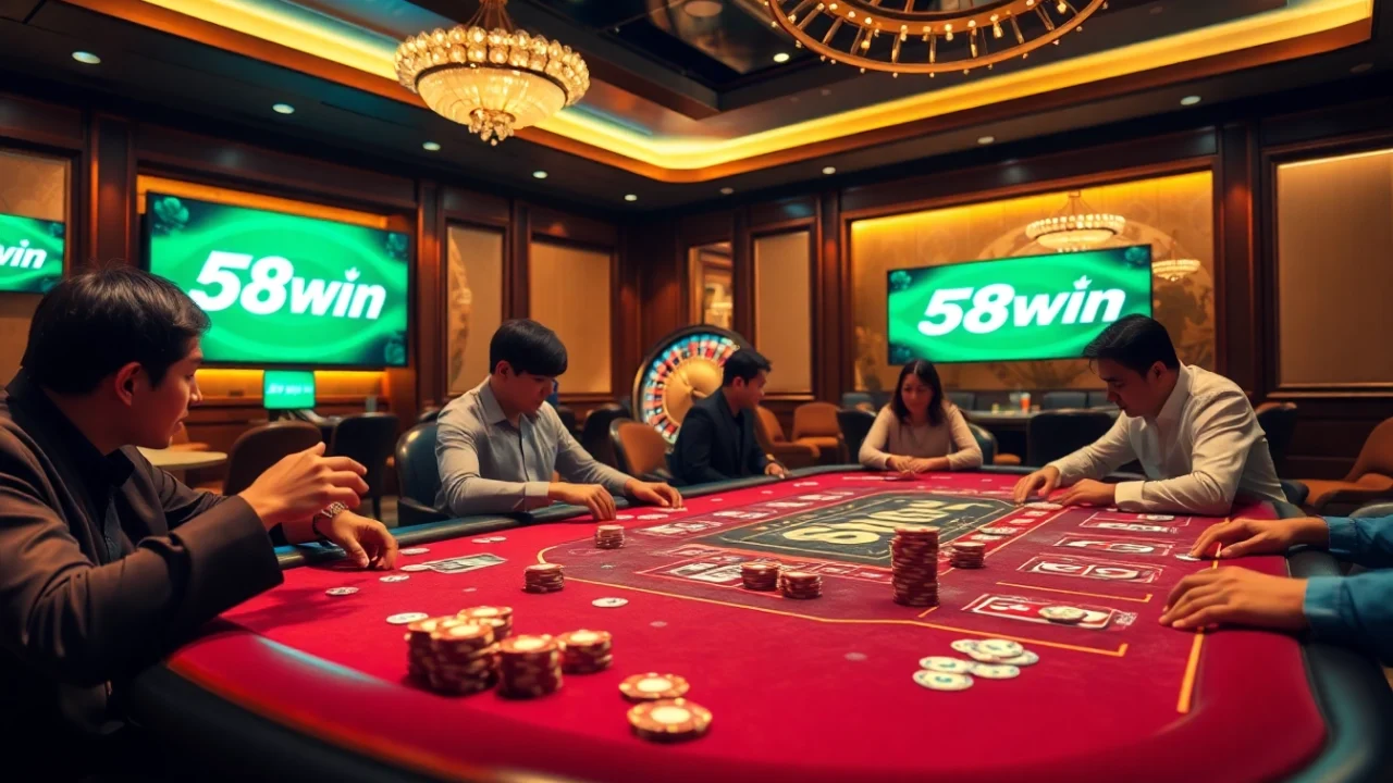 Engaged players gambling at a 58win poker table with vibrant chips and warm ambiance.