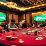 Engaged players gambling at a 58win poker table with vibrant chips and warm ambiance.