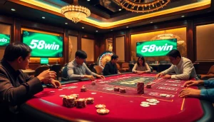 Engaged players gambling at a 58win poker table with vibrant chips and warm ambiance.