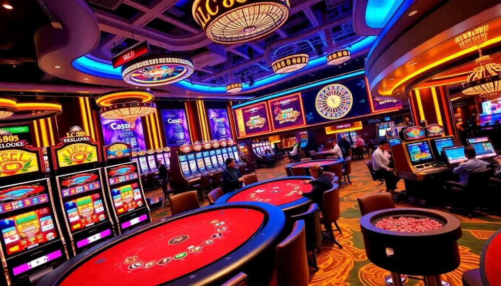 Players enjoying high-stakes games at LC 88 casino, surrounded by vibrant slot machines and roulette.