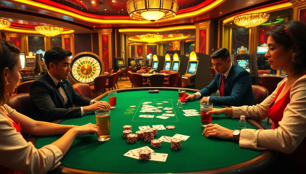 Experience the excitement of 13Win bet at a luxurious poker table with players and vibrant casino elements.