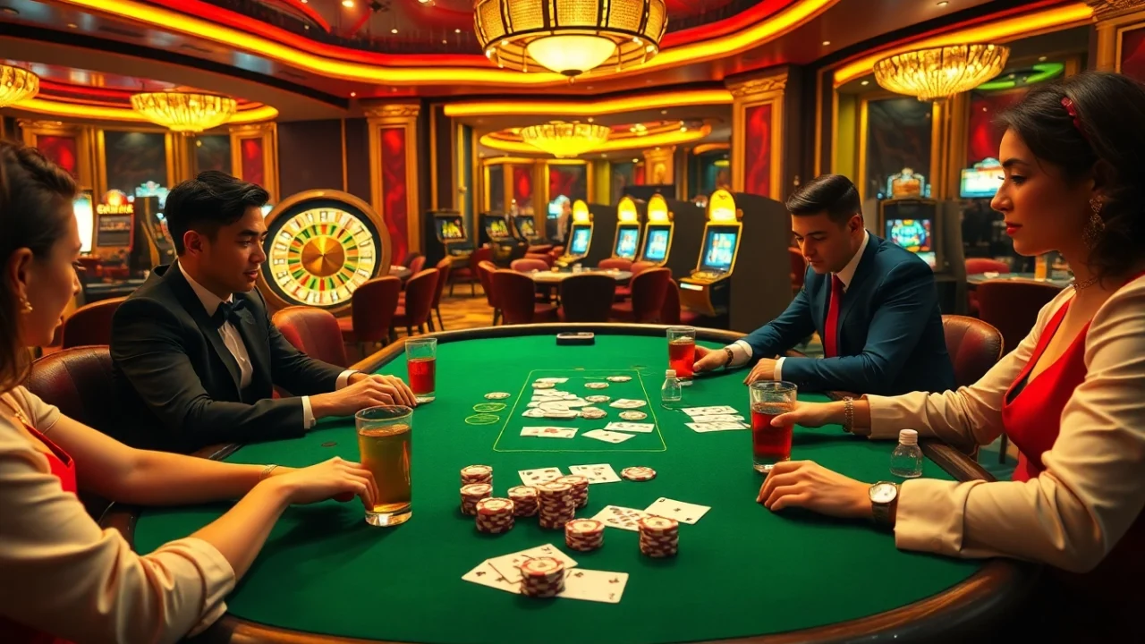 Experience the excitement of 13Win bet at a luxurious poker table with players and vibrant casino elements.