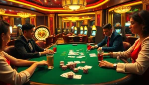 Experience the excitement of 13Win bet at a luxurious poker table with players and vibrant casino elements.