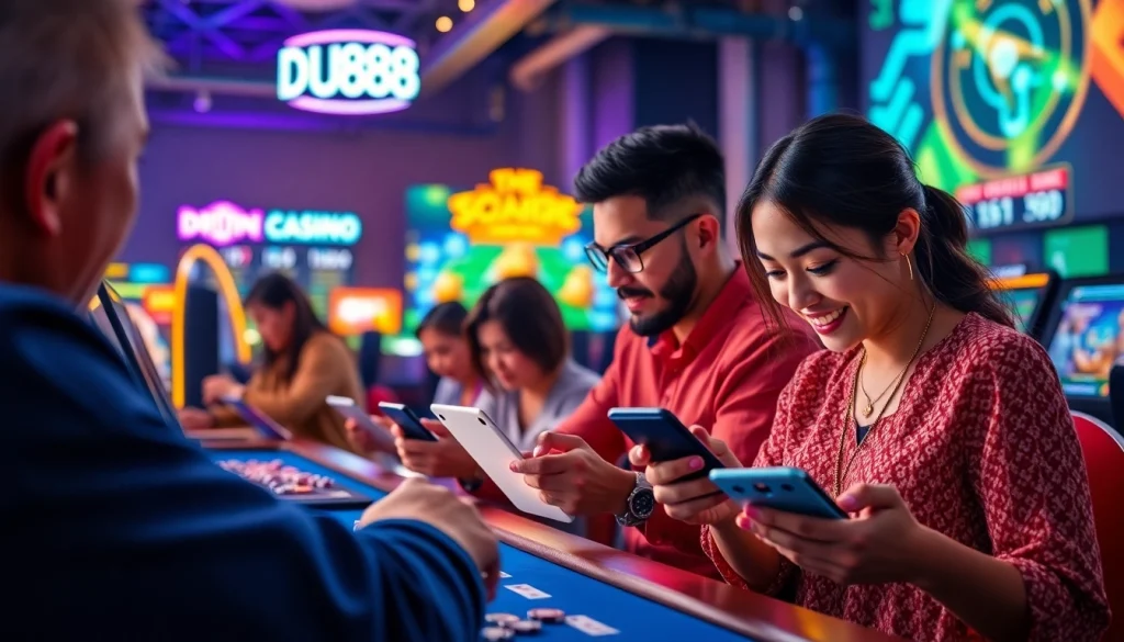 Exciting DU88 online casino scene with diverse players engaging in thrilling games on modern devices.
