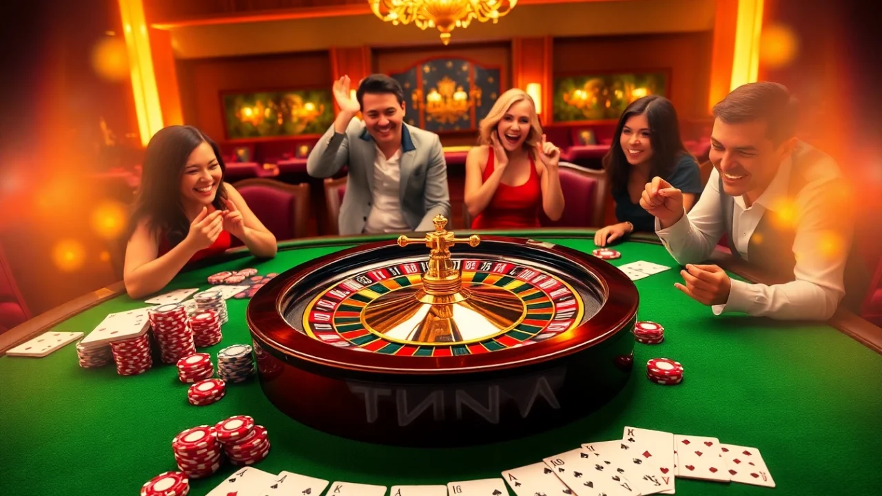 Players enjoying the vibrant gaming atmosphere at https://9bet0.us.com/ with poker chips and roulette.