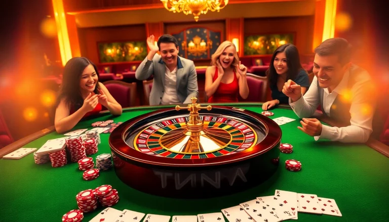 Players enjoying the vibrant gaming atmosphere at https://9bet0.us.com/ with poker chips and roulette.