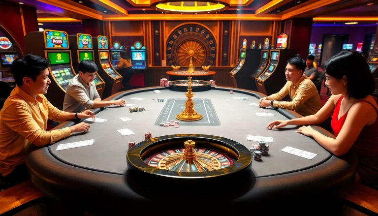 MM88 SH players enjoying an engaging poker game at a luxurious casino setting with vibrant slot machines.