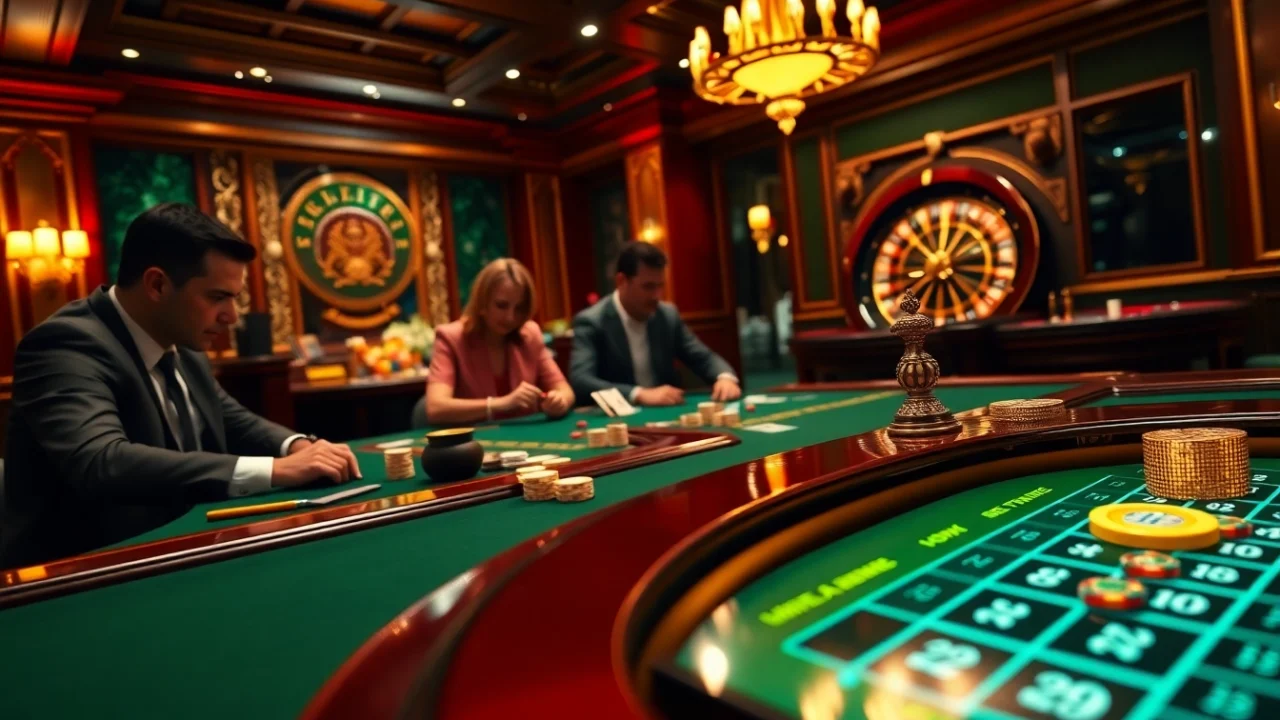 Exciting gambling action at luck8 trang chủ with players at a casino table, vibrant poker chips, and a roulette wheel.