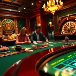 Exciting gambling action at luck8 trang chủ with players at a casino table, vibrant poker chips, and a roulette wheel.