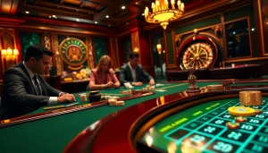 Exciting gambling action at luck8 trang chủ with players at a casino table, vibrant poker chips, and a roulette wheel.