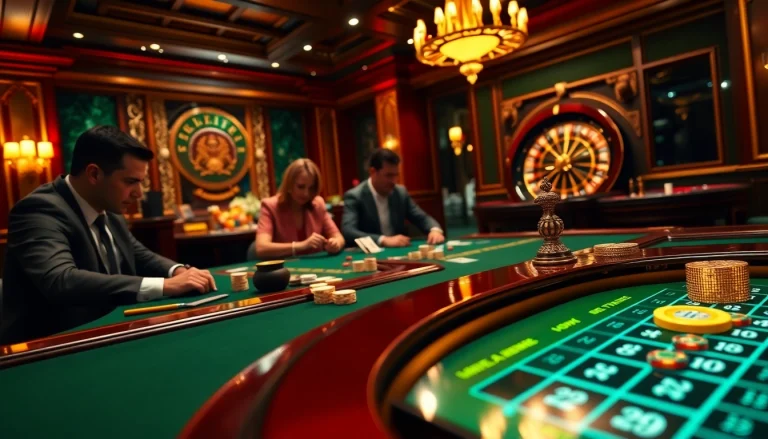 Exciting gambling action at luck8 trang chủ with players at a casino table, vibrant poker chips, and a roulette wheel.