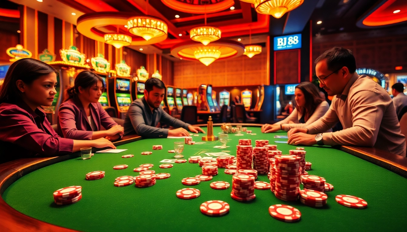 Players strategize over a BJ 88 poker table featuring vibrant cards and chips.