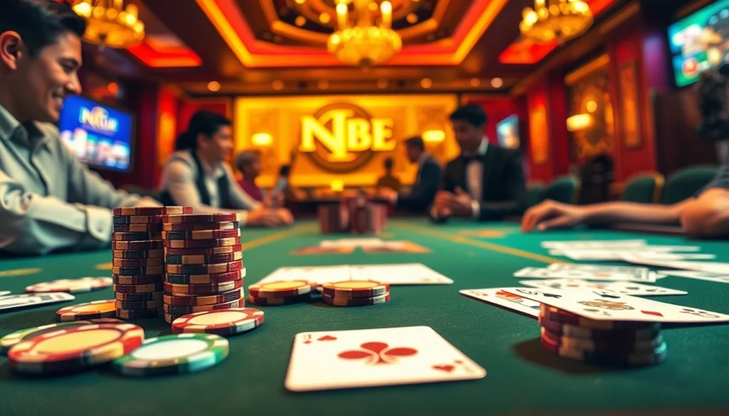Players enjoying a high-stakes poker game at HITCLUB casino, showcasing colorful chips and cards.