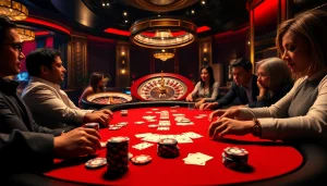 Players enjoying intense poker games at HITCLUB, surrounded by luxury casino elements.
