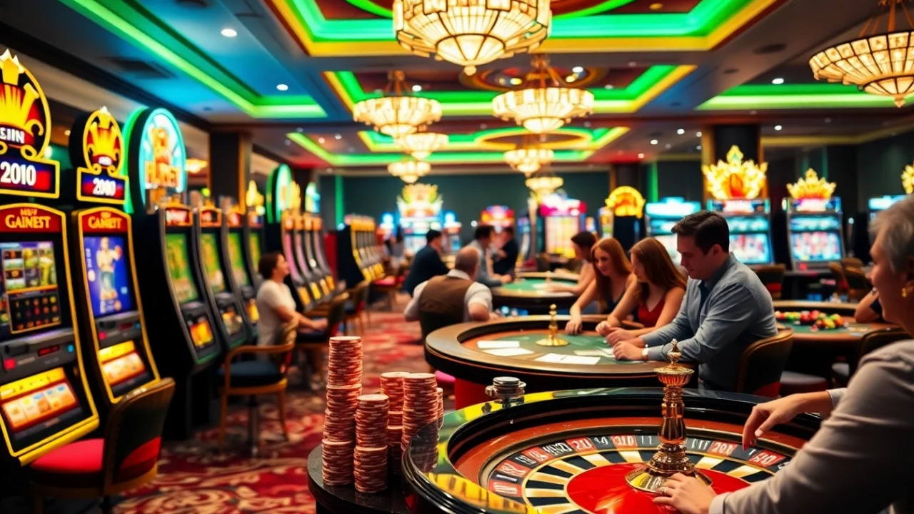 Experience the thrill of winning at https://www.66slots8.com/ with an elegant casino scene showcasing players at slot machines and tables.