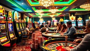 Experience the thrill of winning at https://www.66slots8.com/ with an elegant casino scene showcasing players at slot machines and tables.