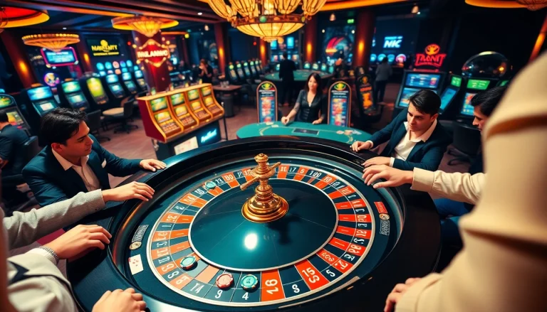 Excited players engage in high-stakes gambling at a MK 8 themed roulette table, showcasing vibrant poker chips and cards.