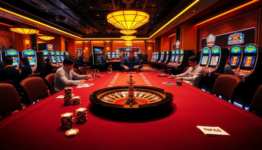 Players enjoying a thrilling game at NK88 casino table with vibrant poker chips.