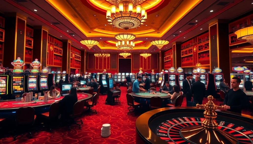 Experience the thrill of gaming with https://gg88.christmas/ in a vibrant casino scene showcasing poker tables and slot machines.