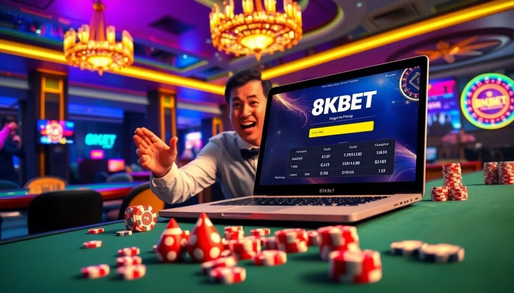Excited player logging into 8kbet đăng nhập on a sleek laptop amidst a dynamic casino scene.