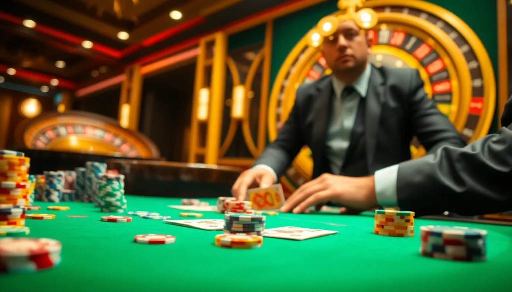 Players engaging in high-stakes poker at hay.win, showcasing excitement and anticipation in a luxurious casino setting.