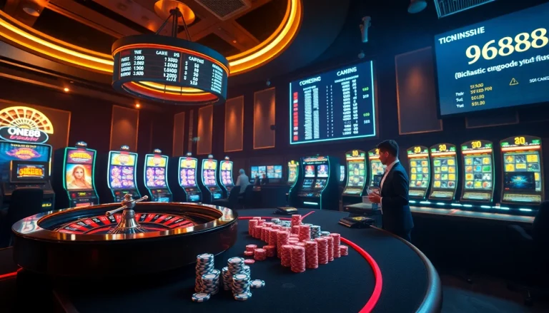 Experience the thrill of betting at https://one88.bid/ with vibrant casino visuals showcasing casino tables and online gaming.