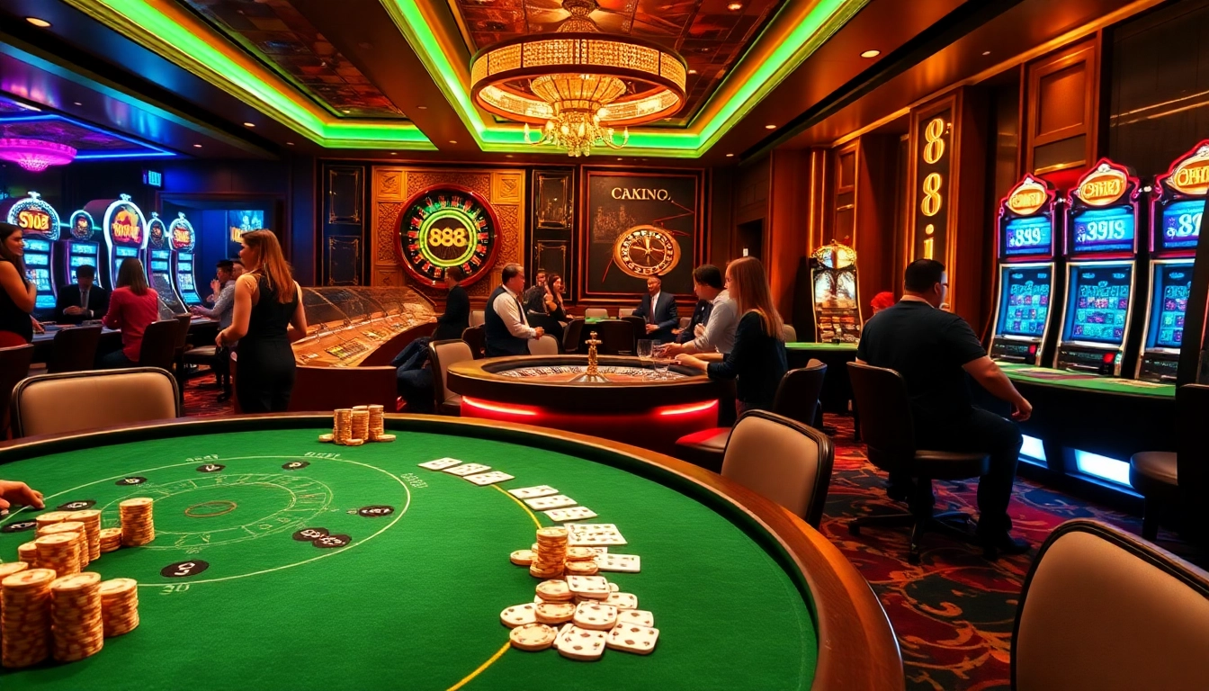 Gamblers playing poker with 88i-themed chips at a lively casino table surrounded by luxury.