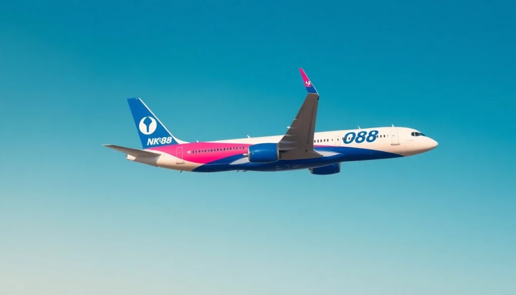 NK88 airplane soaring through a clear blue sky, showcasing modern aviation innovation.